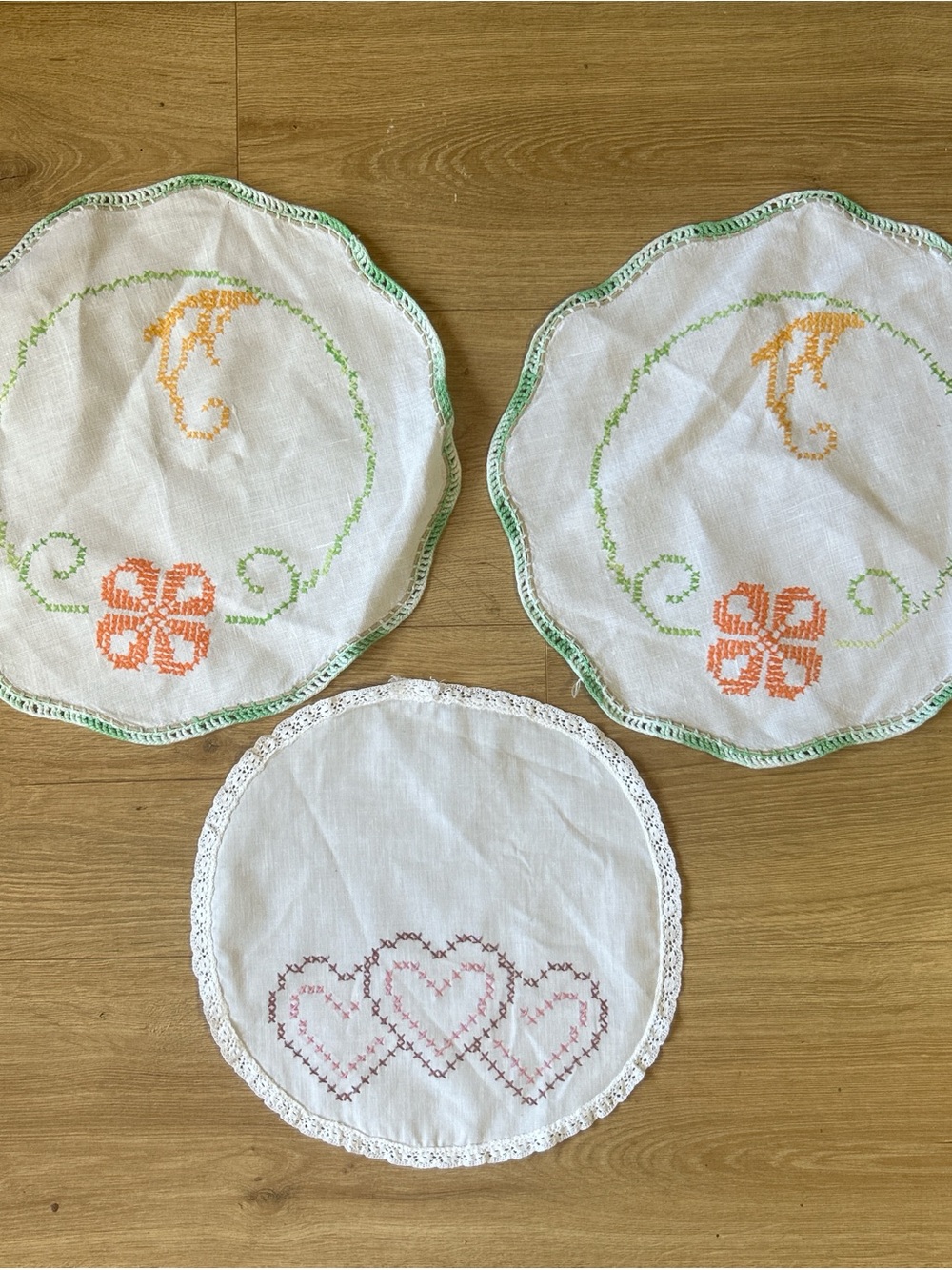 Embroidered Linen Doilies Set in White with Orange & Green Accents